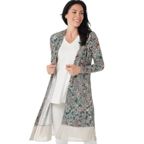 LOGO by Lori Goldstein Women's SZ L Leticia Mosaic Open Front Duster Cardigan - Picture 1 of 16